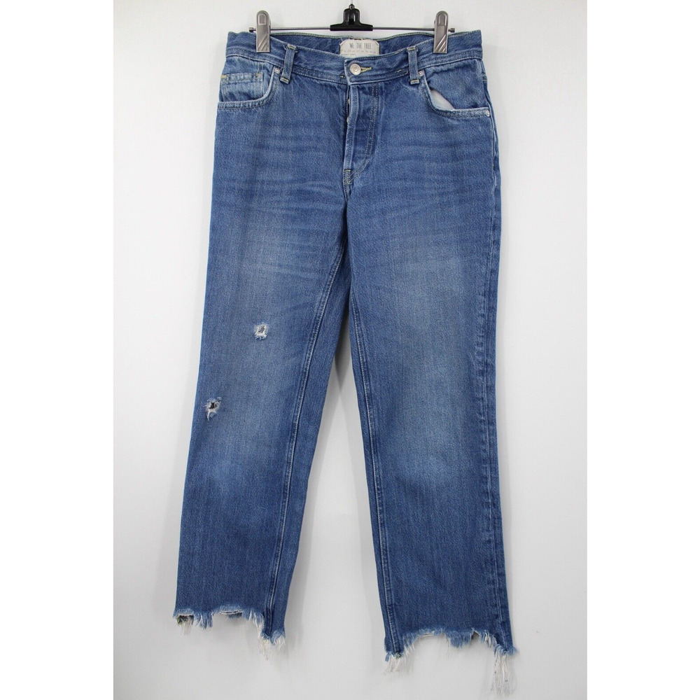 Free People Jeans Womens Medium Wash Blue Distressed Staright Frayed Hem Size 25